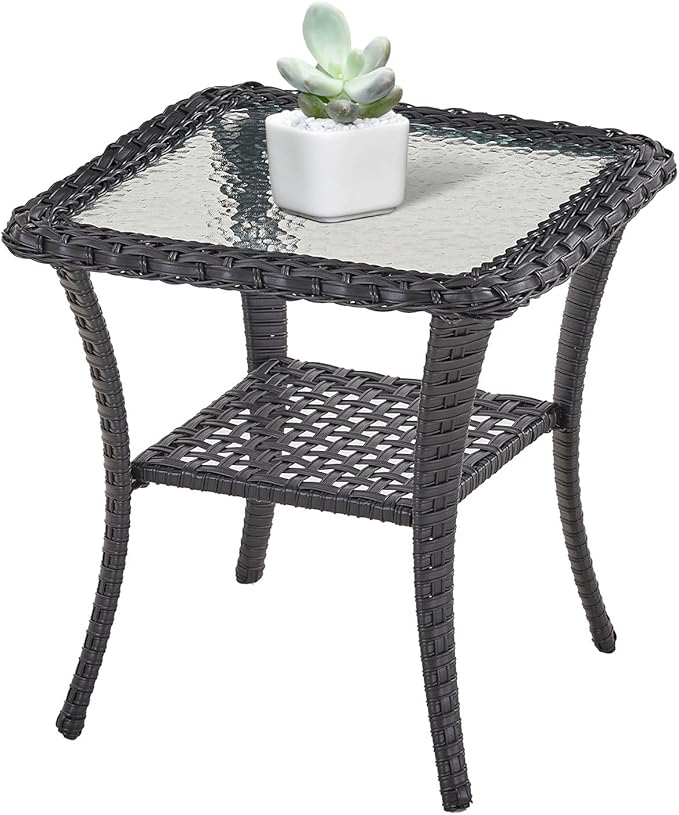 Belord Handwoven Wicker Side Table - 20 Inch Small Outdoor Table 2 Tier Storage with Tempered Glass Top, All Weather Outdoor Patio End Tables for Deck Balcony Outside Black