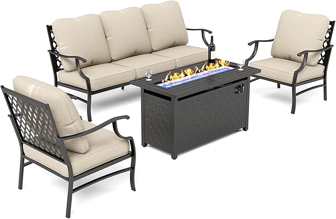 SUNSHINE VALLEY Patio Furniture Set with Firepit Table, 4 Piece Metal Outdoor Patio Furniture, 2 Single Chairs and 3 Seater Sofa with 5.75" Extra Thick Cushion and Gas Firepit Table for Backyard Deck
