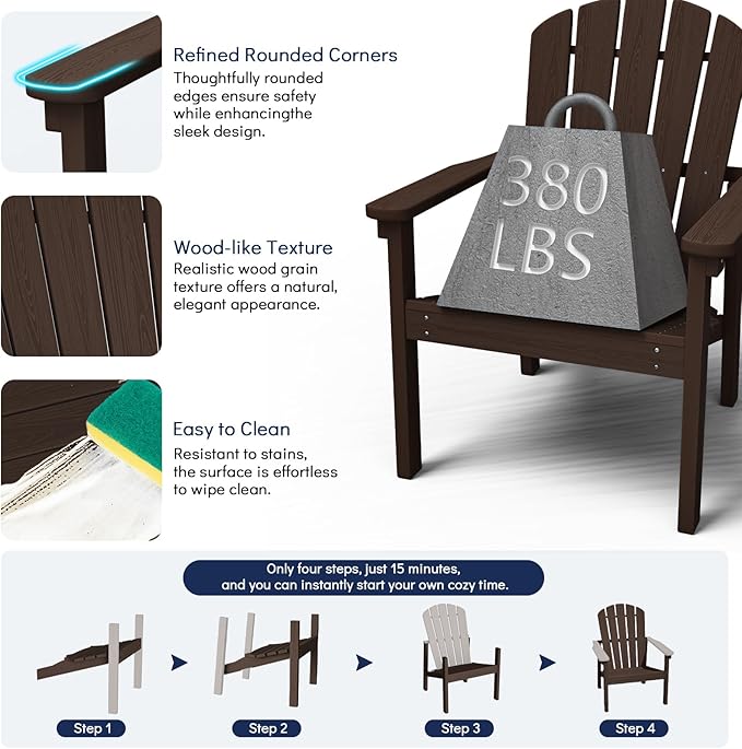 nevilywood Compact Stackable Adirondack Chairs Set of 2, 26.3" Wide HDPE Outdoor Patio Chairs - Durable, Space-Saving Design for Porch, Lawn or Garden, Coffee