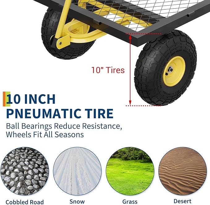 900 LBS Garden Cart on Wheels with Adjustable Handles, Heavy Duty Steel Garden Wagon with Removable Mesh Sides to Convert into Flatbed, Wagon Cart for Lawn Farm Yard, Black