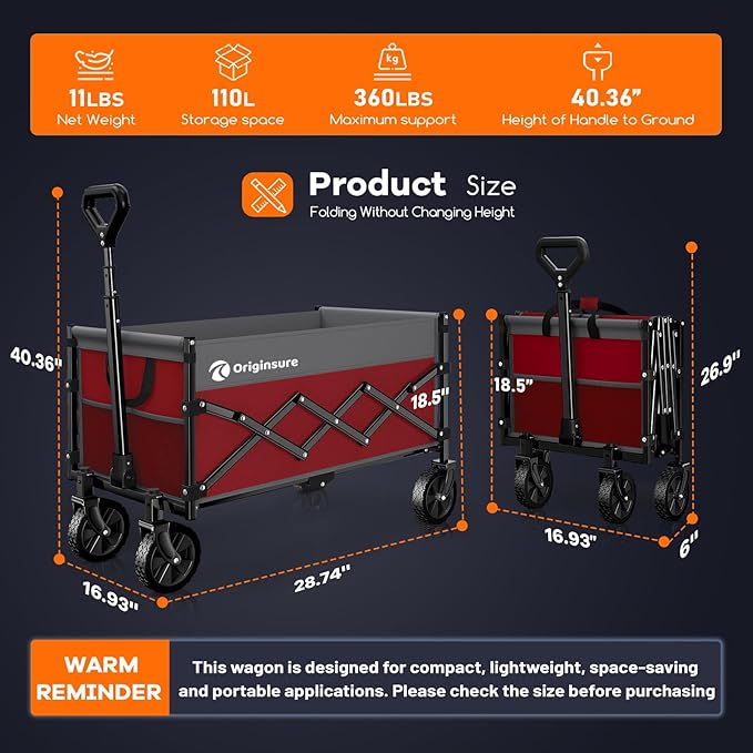 Collapsible Wagon Cart Foldable - Lightweight Portable Heavy Duty Folding Beach Wagons with Wheels - Outdoor Utility Carts for Grocery, Camping, Shopping with Large Capacity - Grey&Red