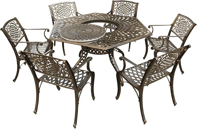 Oakland Living Contemporary Modern and Ornate Traditional Outdoor Mesh Lattice Aluminum 63 inch Bronze Hexagon Dining Set with Lazy Susan and Six Chairs