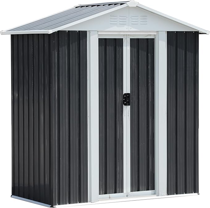 5x3 FT Outdoor Storage Shed with Base,Tool Shed with Sloped Roof and Sliding Door,All Weather Resistant Metal Shed for Backyard Garden Patio Lawn,Grey