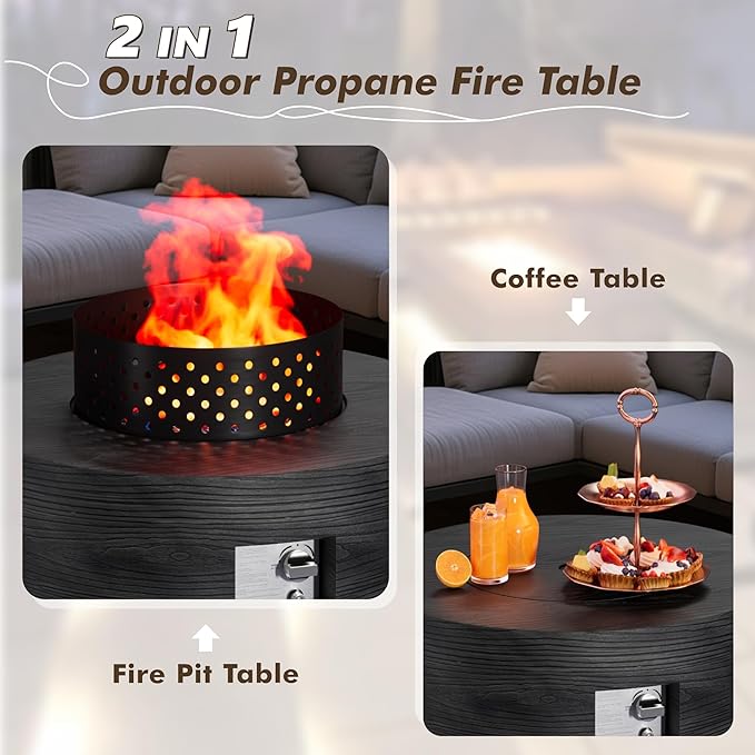 30" Round Propane Fire Pit Table - 50K BTU with Lid, Rocks Tank Storage and Cover - Round Gas Fire Pits for Outside Patio - Outdoor Table with Firepit (Charred Oak, 30" Round)