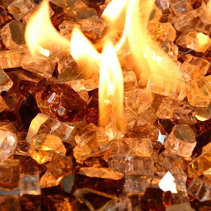 GRISUN 20 Pounds Fire Glass for Fire Pit - 1/2 inch High Luster Reflective Tempered Glass Rocks, Decorative for Natural or Propane Fireplace, Blend of Gold, Platinum and Copper