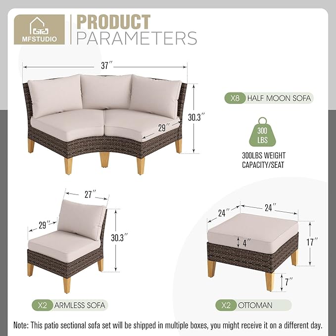 MFSTUDIO 12 Pieces Wicker Patio Furniture Set, All-Weather Rattan Outdoor Half-Moon Curved Sectional Sofa Set for Garden, Backyard, 8 x Curved Sofa, 2 x armless Sofa, 2 x Ottoman