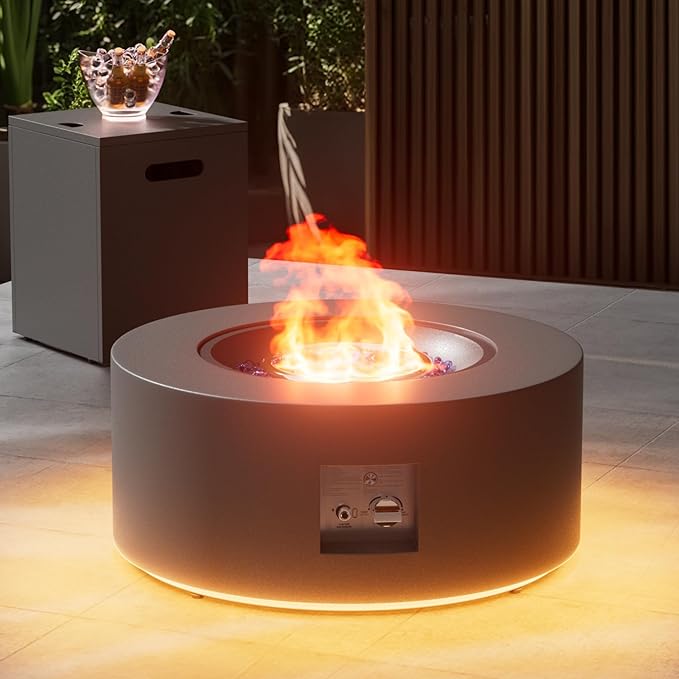 30" Round Propane Fire Pit Table - 50K BTU with Lid, Rocks Tank Storage and Cover - Round Gas Fire Pits for Outside Patio - Outdoor Table with Firepit (Grey/Golden Light, 30" Round)