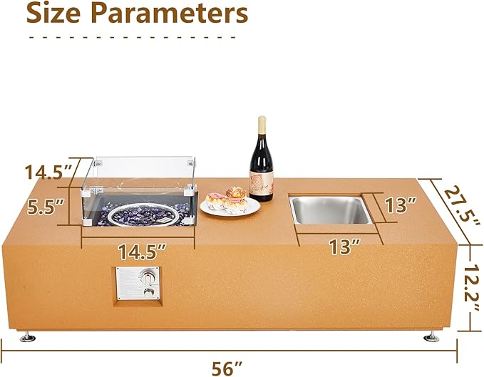 GarveeLife 56" Propane Fire Pit Table with Ice Bucket，50000BTU Fire Table with 13" Square Drink Ice Bucket Wind Guard, Fire Glass Beads & CSA Safety Certified Outdoor Firepit for Patio Garden(Orange)