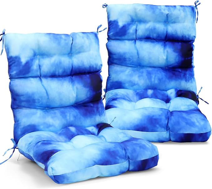 EAGLE PEAK Tufted Outdoor/Indoor High Back Patio Chair Cushions, Set of 2, 46'' x 22'', Tie Dye Blue