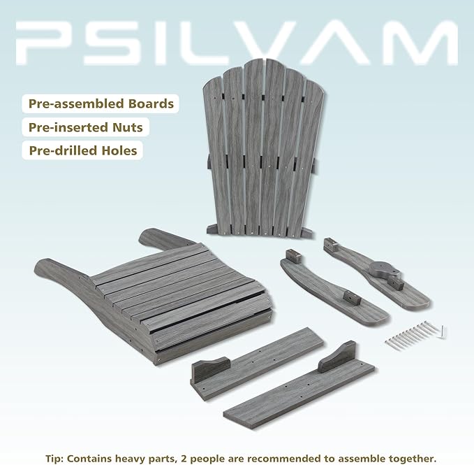 Psilvam Oversized Adirondack Chair, Fade-Resistant & Odor-Free Poly Lumber Fire Pit Chairs with Cup Holder, Weatherproof Outdoor Chair, Easy 15 Min Install Patio Chair, 350 Lbs Support (1, Gray)