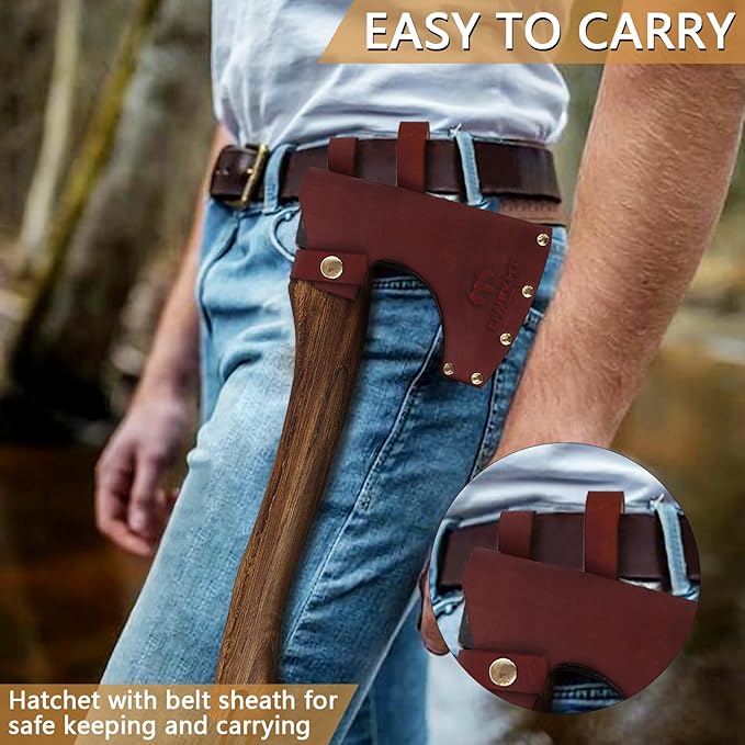 15.7" Hatchet Axe, Camping Hatchet, Hand-Forged Axe with Sheath for Wood Chopping, Splitting, and Carving, Bushcraft Axe with Beech Handle for Outdoor Survival and Garden Work