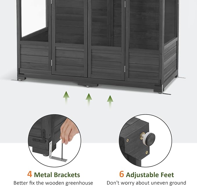 MCombo Wooden Greenhouse, Walk-in Outdoor Greenhouse with Openable Roof and Lockable Door, 0899 (Dark Grey)