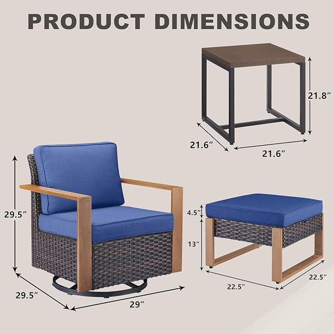 Rilyson Outdoor Wicker Patio Furniture Set - 5 Piece Patio Conversation Set with 2 Wicker Swivel Rocker Chairs,2 Ottoman, 1 Side Table, Thick Cushions, Deep Seating, Wide Armrest(Brown/Blue)