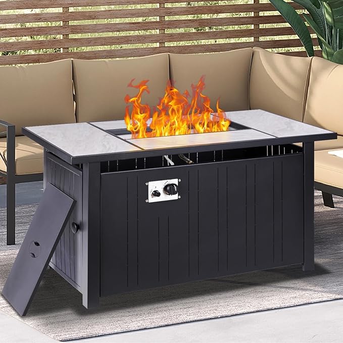 47" Propane Fire Pit Table with Real Ceramic Tabletop, 50000 BTU Gas Firepit Table with Lid & Lava Stones, Outdoor Fire Pit for Dining or Party, Firepit for Outside, Patio