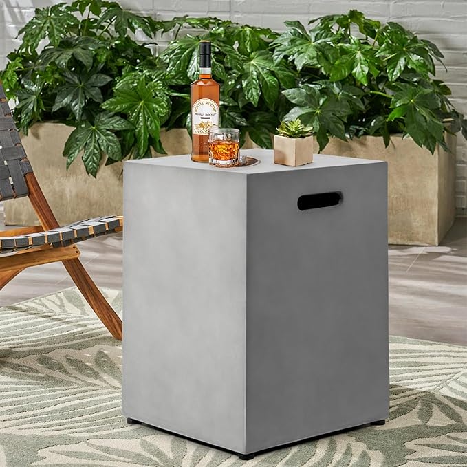 Propane Tank Cover Table Square, Outdoor Tank Covers Propane Storage Box 20 LB Modern Cover Tables with Side Handle, Concrete Hideaway Holder for Patio Backyard Deck(Grey)