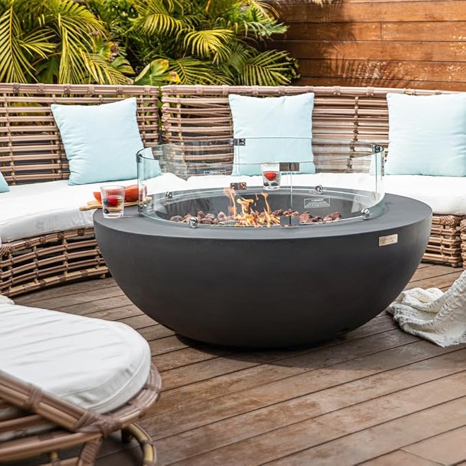 Lunar Bowl Concrete Fire Pit 42" x 42" Outdoor Patio Firepit Includes Lava Rocks Modern Fire Pits & Outdoor Fireplaces for Garden, Deck, Indoor & Outdoor Heating