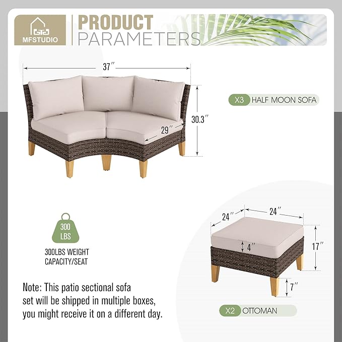 MFSTUDIO 8 Pieces Wicker Patio Furniture Set, All-Weather Rattan Outdoor Conversation Half-Moon Curved Sectional Sofa Set for Garden, Backyard, 3 x Curved Sofa, 2 x Ottomans
