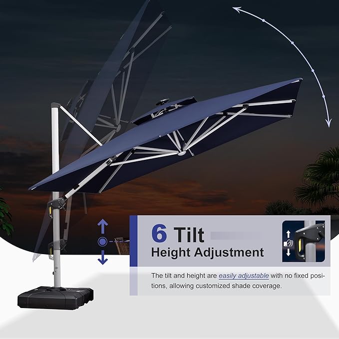 PURPLE LEAF 12 Ft Double Top Patio Cantilever Umbrella Outdoor Solar Powered LED Square Offset Large Garden Umbrella, Navy Blue