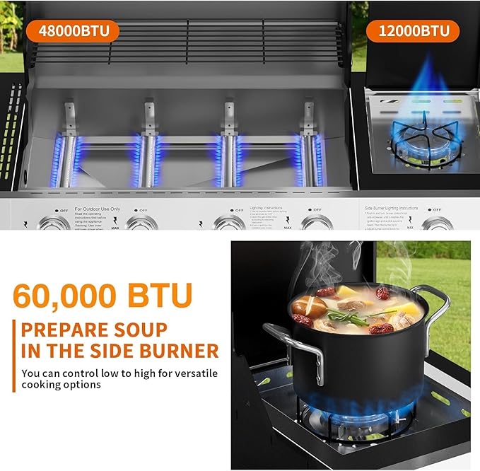 SKOK Led 4-Burner Gas BBQ Grill with Side Burner Led Knob, Barbecue Grill with Porcelain-Enameled Cast Iron Grates, 60,000 BTU Stainless Steel Propane Grill 629 Sq. In. Grilling Area