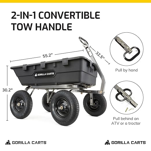 Gorilla Carts Heavy-Duty Poly Yard Dump Cart, 10 Cu Ft Tub, 1500 lb Haul Capacity, Black – Towable Utility Wagon with Quick-Release Dumping & Pneumatic Tires for Landscaping and Gardening