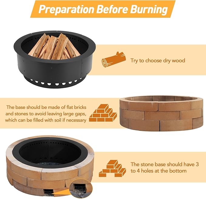 Aoodor 36 Inch Outer Round Smokeless Fire Pit Ring, 30 Inch Inner Double Layer Heavy Duty Metal Fire Pit Insert Liner for Backyard Bonfire Outside Picnic BBQ, Black