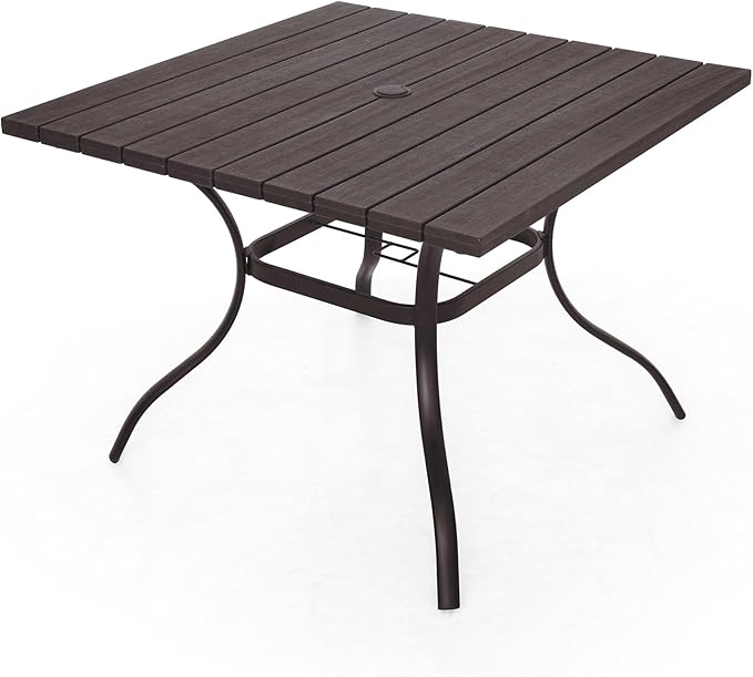 Outdoor Dining Table with 1.6" Umbrella Hole, Picnic Table Brown Plastic Square Backyard Bistro Table Outdoor Dining Table for Garden, Poolside, Backyard