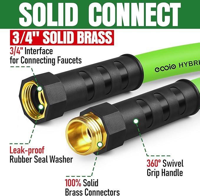 Garden Hose 75 ft x 5/8", NON-EXPANDING Flexible Water Hose, Kink Resistant Lightweight Hybrid Hose, Leakproof Yard Hose with Male to Female Fittings