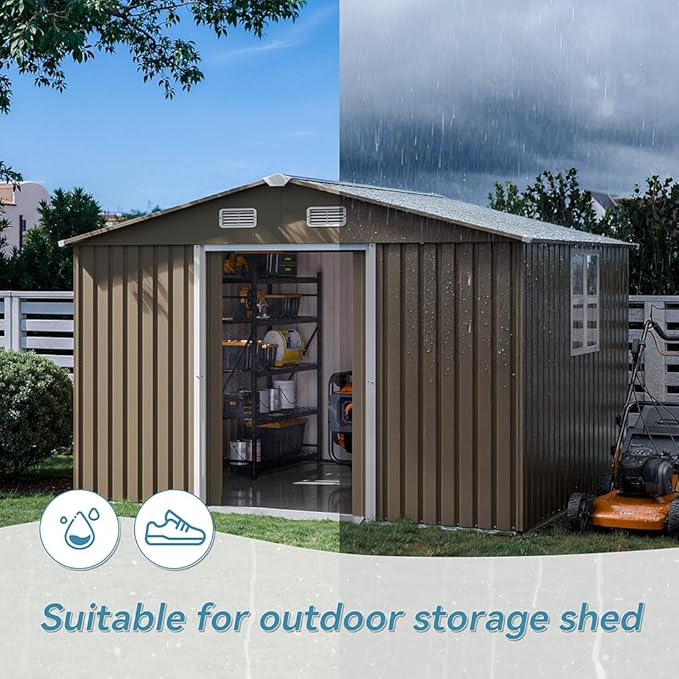 Kurapika 10×8 FT Outdoor Storage Shed Large Metal Tool Shed with Floor, Window and Lockable Door, for Garden, Patio, Backyard, Lawn(Brown)