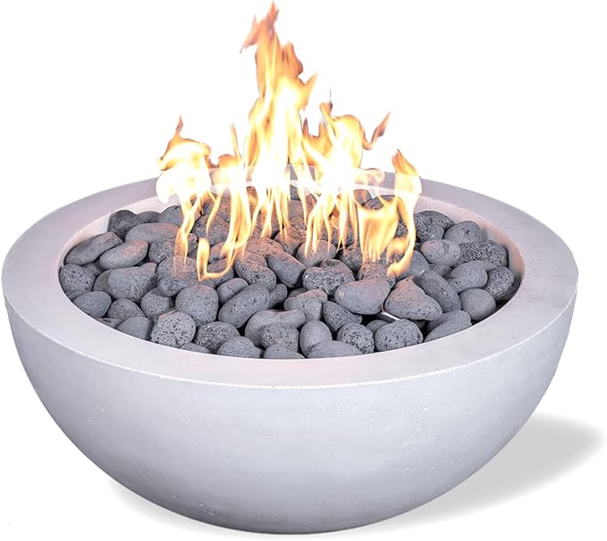 29" Premium Vivid 2" Concrete Fire Bowl - (Ivory-White) Cement Round Natural Gas Fire Pit - Outdoor Fire Table with Key Valve GFRC (29" Diameter x 13" High) - E-VIVID2-I-NG