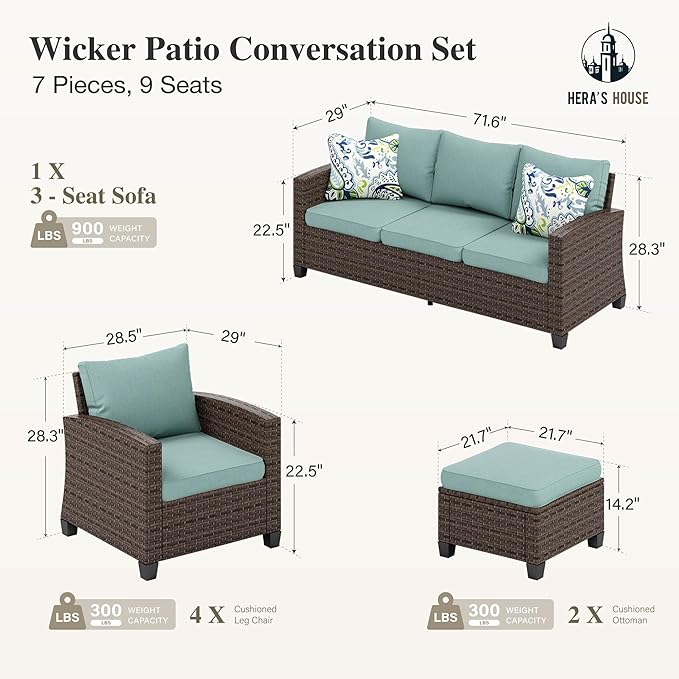 HERA'S HOUSE Outdoor Patio Furniture Set, 7 Pieces Wicker Patio Conversation Sets, Outside Sectional Deep Seating Sofa Set for Lawn Backyard Porch, Brown/Blue