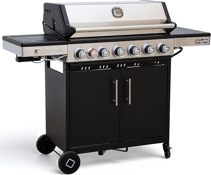 Brand-Man 6 Burner Propane Grill with Infrared Sear Side Burner & Porcelain-Enameled Cast Iron Grate and Griddle, Cabinet Style Gas BBQ Grill with Side Table for Barbecue Grilling & Backyard Cooking