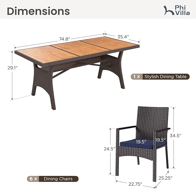 PHI VILLA Outdoor Dining Set for 6, Rectangular Wicker Table with Acacia Wood Top & Rattan Chairs with Cushions, 74” Large Modern Furniture Set for Patio, Deck, Backyard, Porch