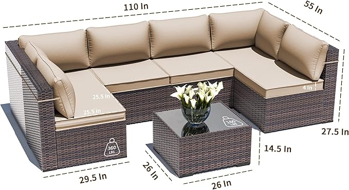 Outdoor Patio Furniture Set, 7 Pieces Outdoor Sectional Furniture Patio Sofa, All-Weather PE Rattan Patio Conversation Set with Tempered Glass Top Table & Cushions