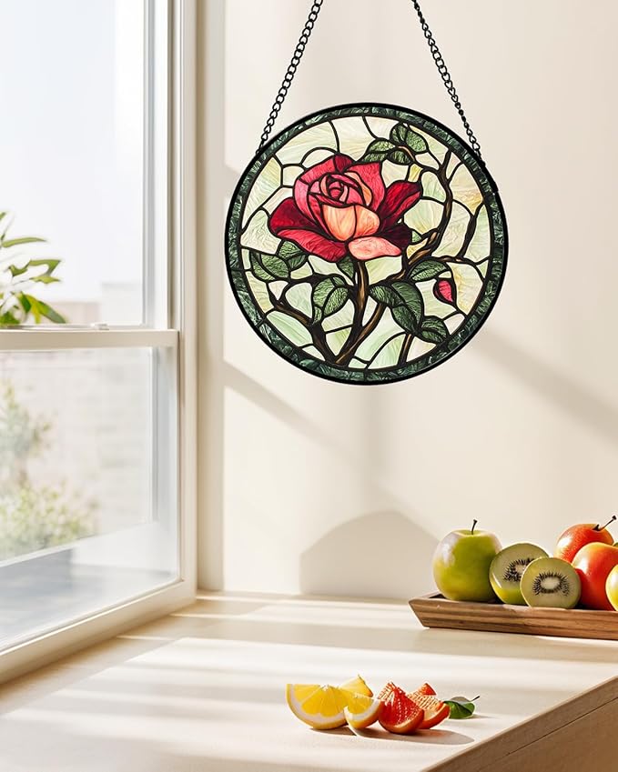 AMDERVEN Stained Glass Window Hanging, Red Rose Flowers Sun Catcher for Door Garden Home Decor Suncatcher Christmas Mother's Day Birthday Gifts for Women Lovers Men Wife Girlfriend Mom Nana 15 in