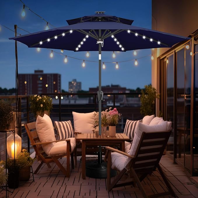 FLAME&SHADE 9 ft Double Top Solar Powered Outdoor Market Patio Table Umbrella with LED Lights and Tilt, Navy Blue