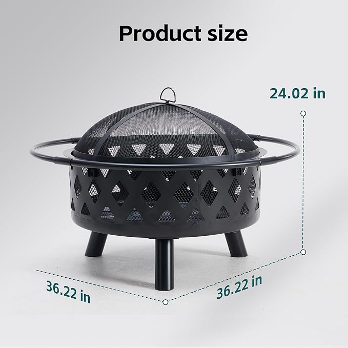 Smug 36 Inch Round Fire Pit, Wood Burning Fire Pits for Outside with Spark Cover Fire Poker, Outdoor Firepit for Patio, Backyard, Garden, Bonfire Party
