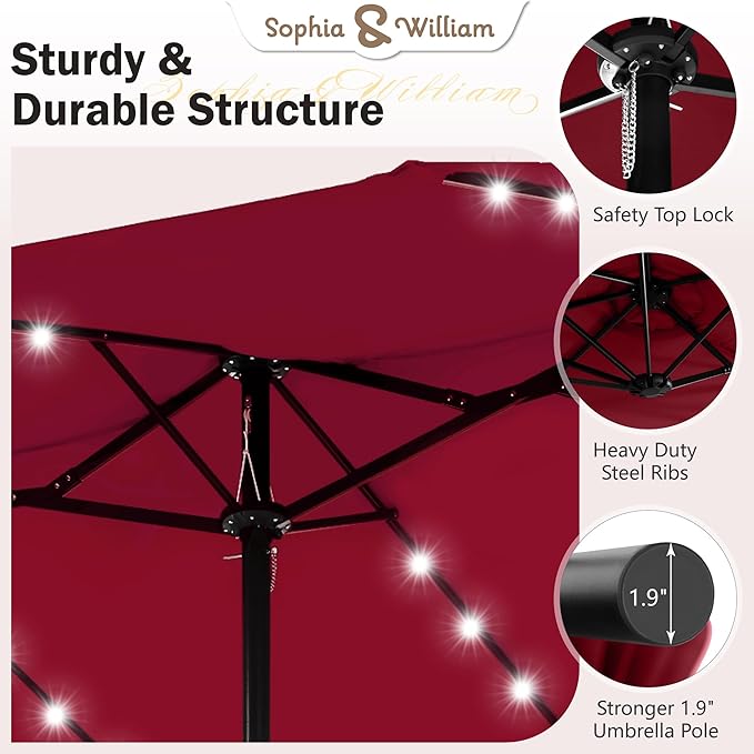 Sophia & William 15 ft Extra Large Patio Umbrella with Solar Lights, Rectangular Outdoor Umbrella with Base Included, Market Umbrella Double-sided Heavy Duty for Pool Garden Backyard, Burgundy