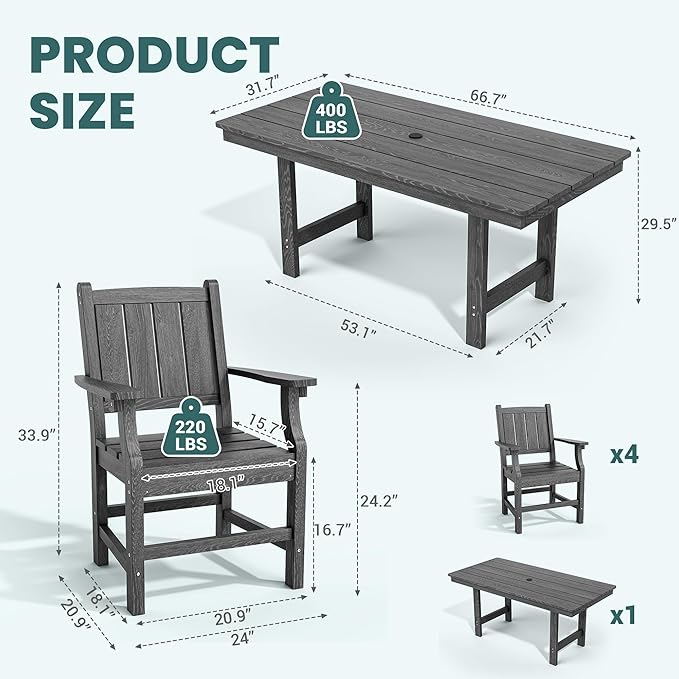 Pamapic 5-Piece Outdoor Dining Set, HDPE Outdoor Rectangular Table and 4 Chairs, Wood Grain Patio Furniture Sets with Armrest, All-Weather Patio Dining Table with Umbrella Hole, Gray