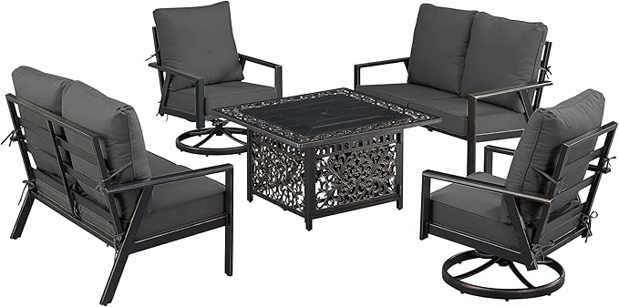 Oakland Living Black Aluminum Patio Fire Table Set with Two Deep Seating Loveseat with Cushions and Two Club Chairs with Black Cushions