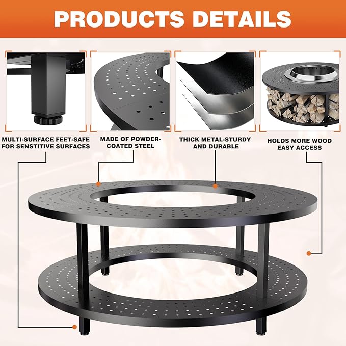 Fire Pit Surround Tabletop for Solo Stove Bonfire 1.0&2.0 and Ranger 1.0&2.0, 41" Fire Pit Surround Tabletop with Wood Storage Shelf, Powder-Coated Steel Surround Tabletop with Extra Space