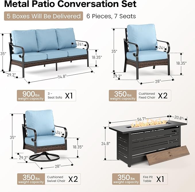 SUNSHINE VALLEY 6 Piece Black Metal Outdoor Patio Furniture Sets with Firepit Table, Patio Conversation Sets 1 3-Seater Sofa, 2 Leg Chair and 2 Swivel Chair with 5.75" Cushion for Backyard Deck, Blue