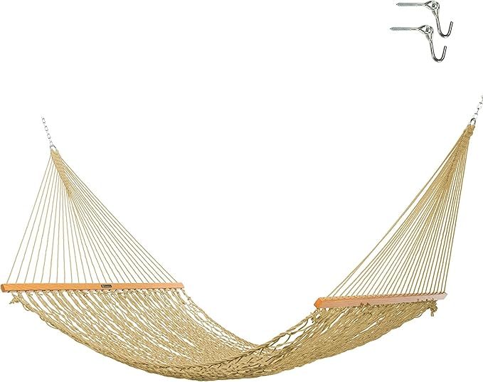 Original Pawleys Island Deluxe Tan DuraCord Rope Hammock – 13 ft. x 65 in, 2-Person, 450 lb Capacity, Oak Spreader Bar, Zinc-Plated Hardware, Handcrafted in The USA