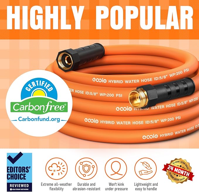 Garden Hose 25 ft x 5/8", NON-EXPANDING Flexible Water Hose, Kink Resistant Lightweight Hybrid Hose, Leakproof Yard Hose with Male to Female Fittings
