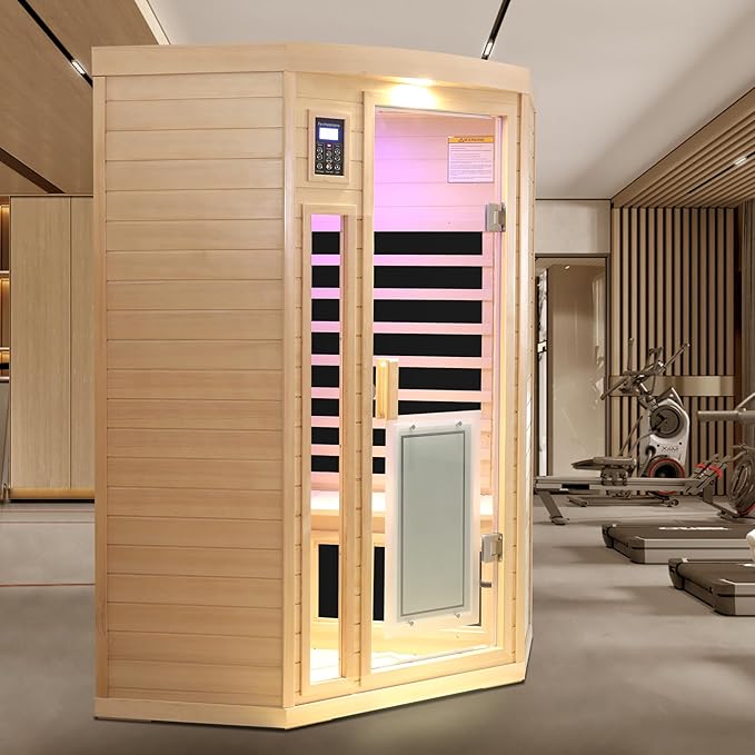 2-3 Person Infrared Sauna, 0-5mg Low EMF Infrared Saunas for Home, Indoor Home Sauna Spa, Hemlock Wooden Corner Sauna Room, Bluetooth Speakers, Chromotherapy Lights