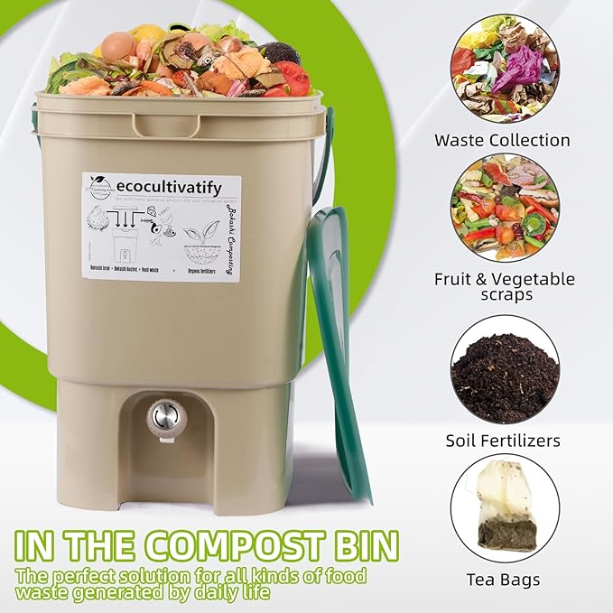 20L Bokashi Bucket with Air Sealing Lid, 5 Gallon Compost Bin, Kitchen Composter with Bran, Kitchen Compost Pail, ecocultivatify Bokashi Kit Set with Starter (Tan & Dark Green)