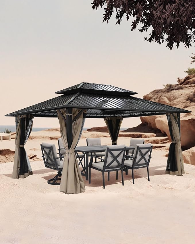SEEHILL 12' x 16' Hardtop Gazebo, Outdoor Patio Gazebo, Aluminum Frame Patio Hardtop Gazebos with Netting and Curtain, Outdoor Patio Pergola with Double Steel Roofs for Deck, Lawns, Garden, Sandstone