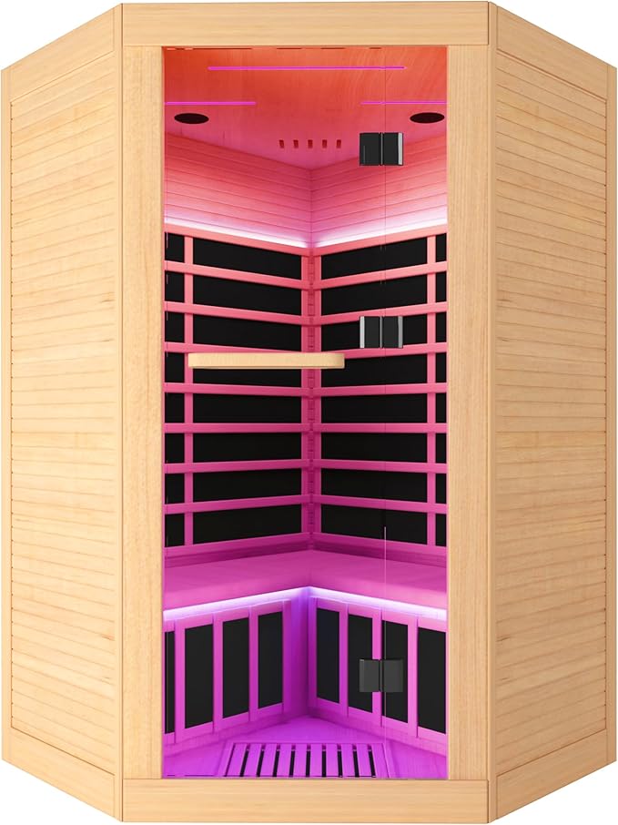 2-3 Person Corner Infrared Sauna Cabin 2180W Home Dry Steam Sauna with Colorful Lights and Bluetooth Speaker, Low Electromagnetic Radiation Canadian Hemlock Wood Dimensions 47.2 x 47.2 x 74.8 inches