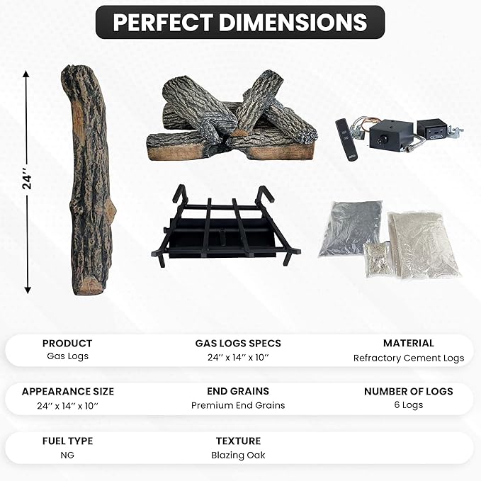 24" Premium Gas Logs - Remote Control Kit Included - for Natural Gas Vented Fireplaces - Blazing Oak Design (Logs + Remote Light Kit)
