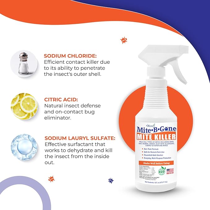 Mite Killer Spray by Mite-B-Gone — Kills Human Mites, Bird, Dust, Spider, Rat, Turkey, Carpet Mites. Treatment for Homes, Furniture, Bedding, Auto & Animals | Non-Toxic | Kid & Pet Safe | 16oz Spray
