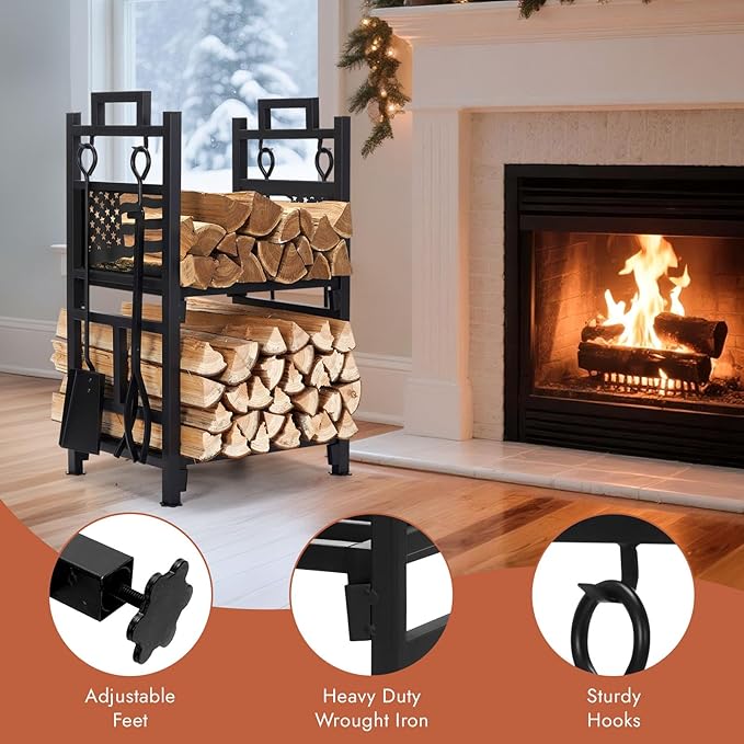 INNO STAGE Firewood Rack Fireplce Firepit Tools Set Double Layer Iron Wood Log Holder for Fire Place Outdoor Indoor Accessories-Brush, Shovel, Tong, Hook